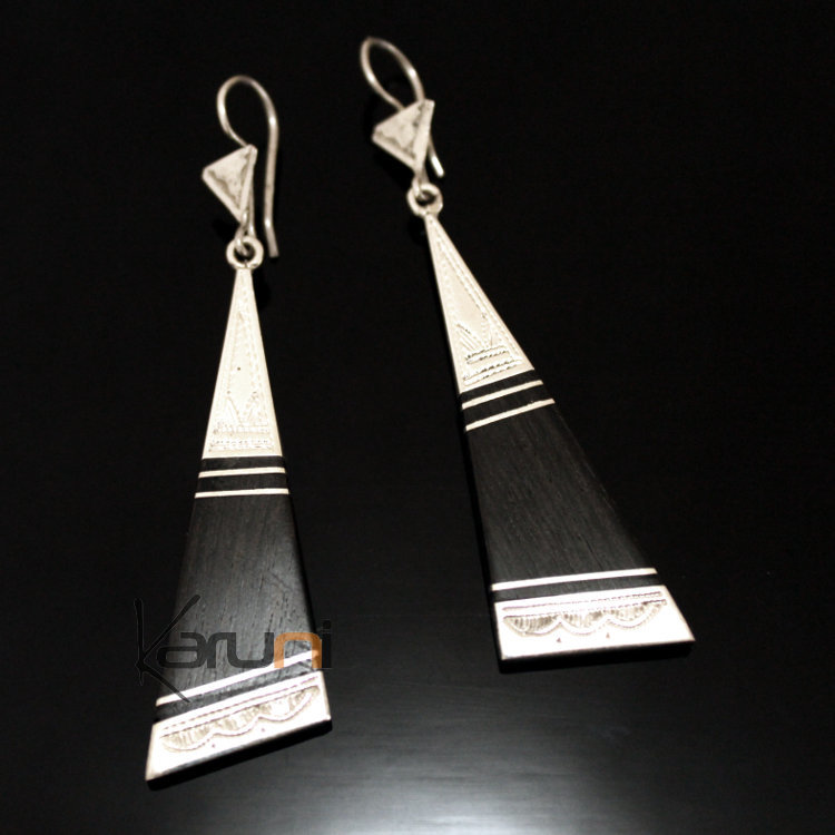 Tuareg Earrings Engraved Pendant Stars in Silver and Ebony 27