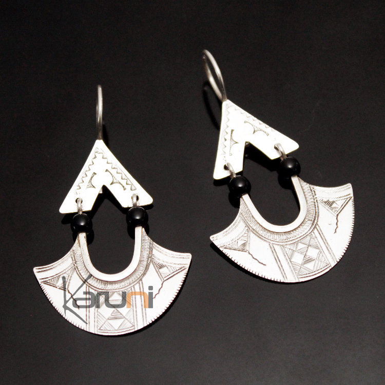 Tuareg Earrings Pendant Long Leaves in Silver and Black Pearl 42