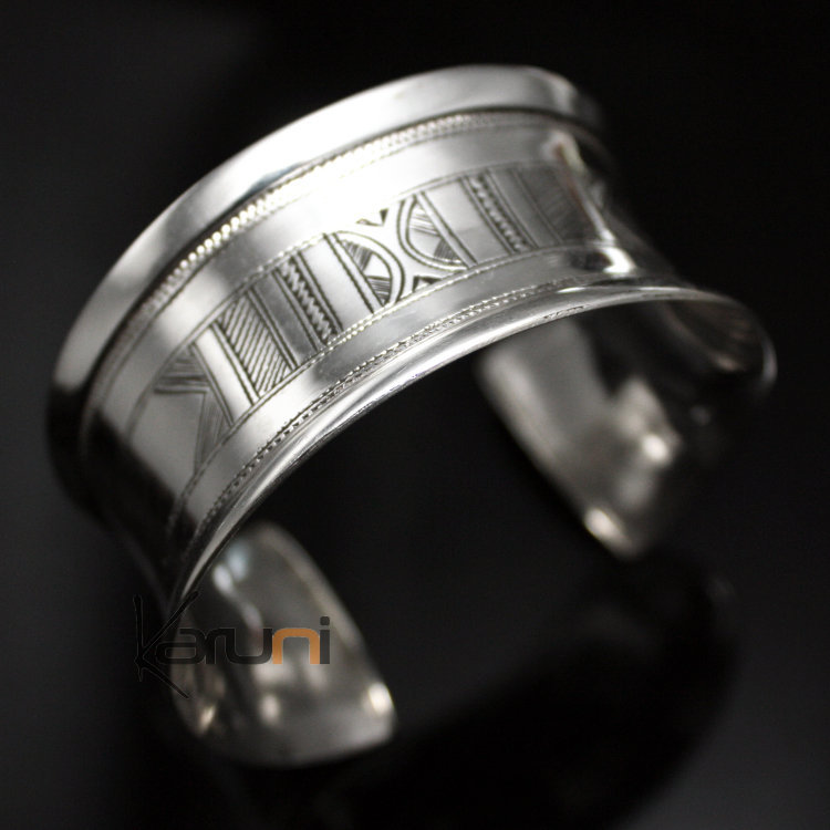 Ethnic Cuff Bracelet Sterling Silver Concave Jewelry Engraved Tuareg Tribe Design 02