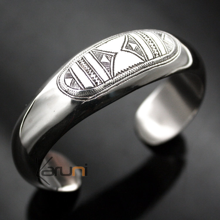 Ethnic Bracelet Sterling Silver Jewelry Large Rounded Engraved Tuareg Tribe Design 01