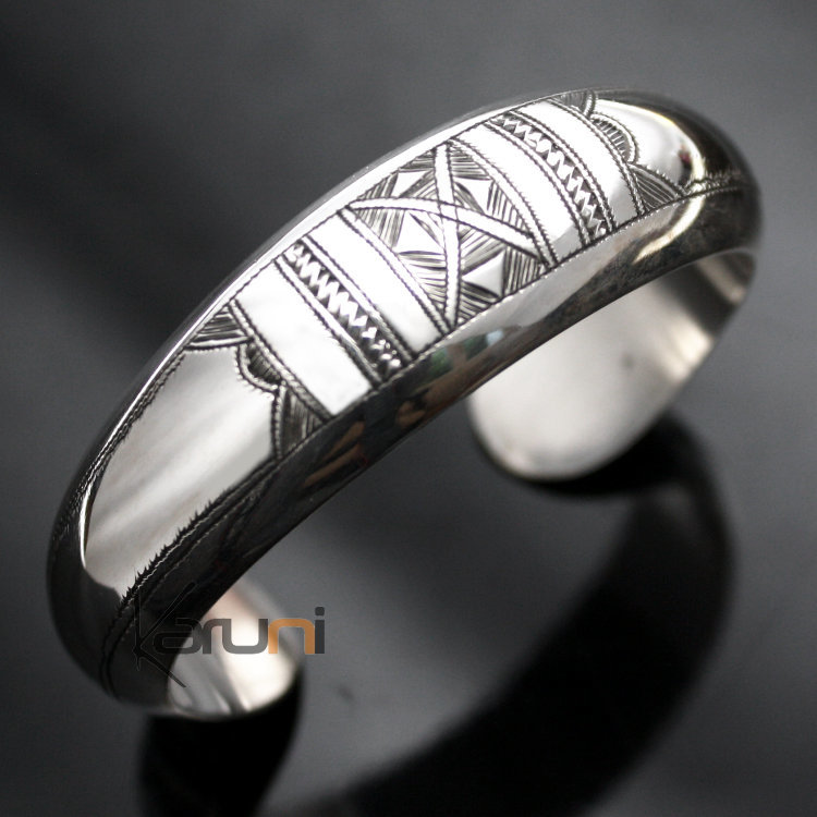 Ethnic Bracelet Sterling Silver Jewelry Large Rounded Engraved Tuareg Tribe Design 02