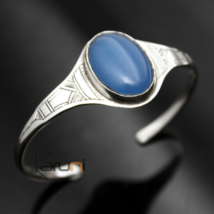 Ethnic Bracelet Sterling Silver Jewelry Blue Agate Oval IZZA Tuareg Tribe Design  KARUNI 02