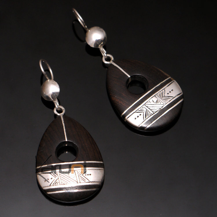 Ethnic Earrings Sterling Silver Jewelry Ebony Pebble Engraved Strip Tuareg Tribe Design 67