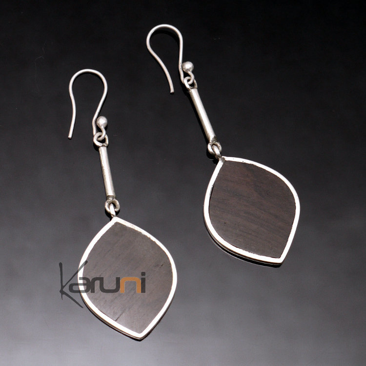 Ethnic African Jewelry Earrings in Sterling Silver and Ebony Big Smooth Leaves Tuareg Tribe Design KARUNI