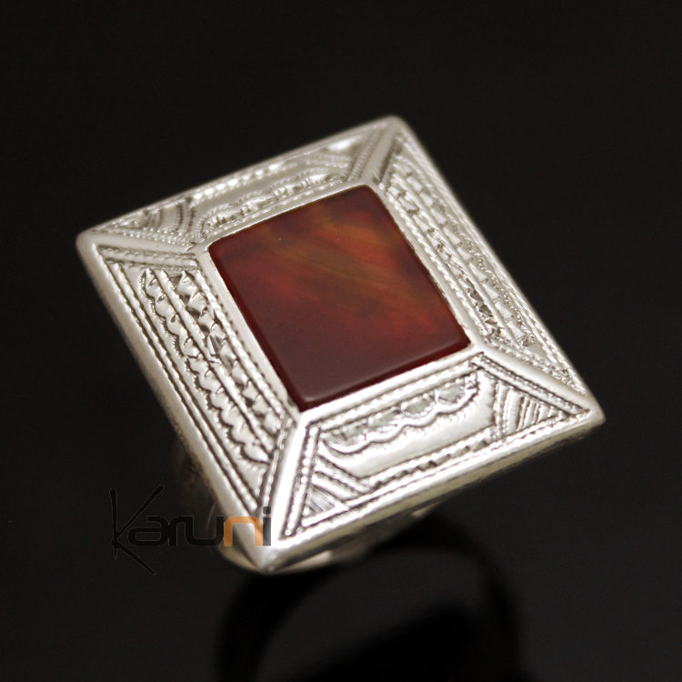 Ethnic Tuareg Tribe Design Ring Square Hand-Engraved  Silver With Red Agate Stone 27