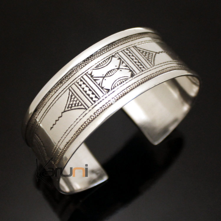 Ethnic Wide Bracelet Sterling Silver Jewelry Large Flat Engraved Men/Women Tuareg Tribe Design 03