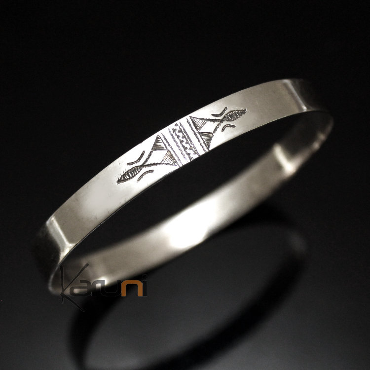 Ethnic Bangle Bracelet Sterling Silver Jewelry Large Flat Engraved Tuareg Tribe Design 09