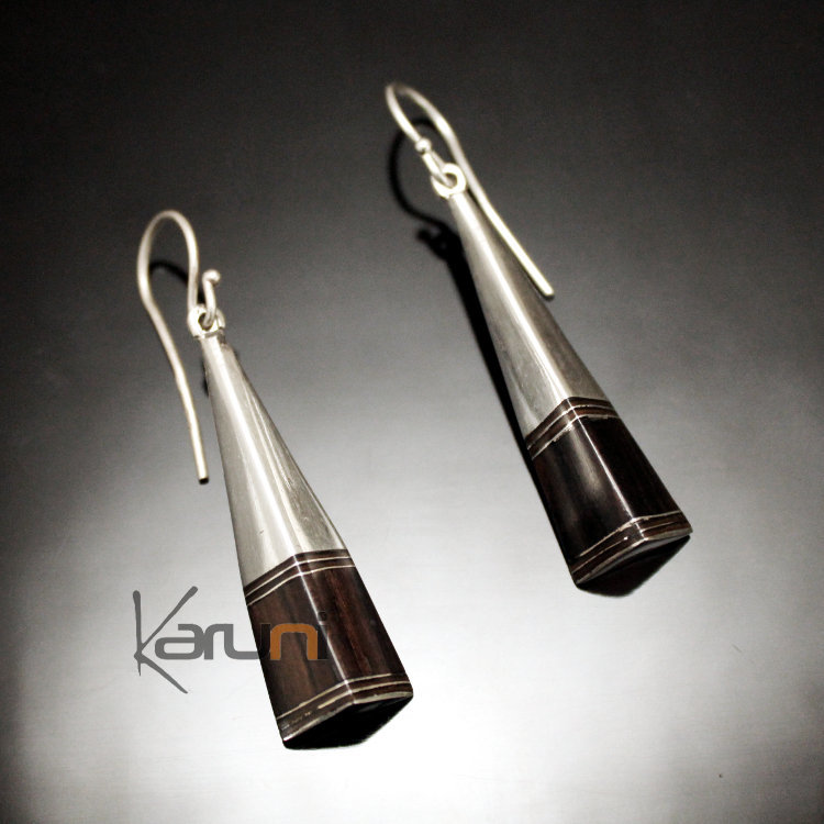 Ethnic African Jewelry Earrings in Sterling Silver and Ebony Thin Round Clubs Clasp Tuareg Tribe Design