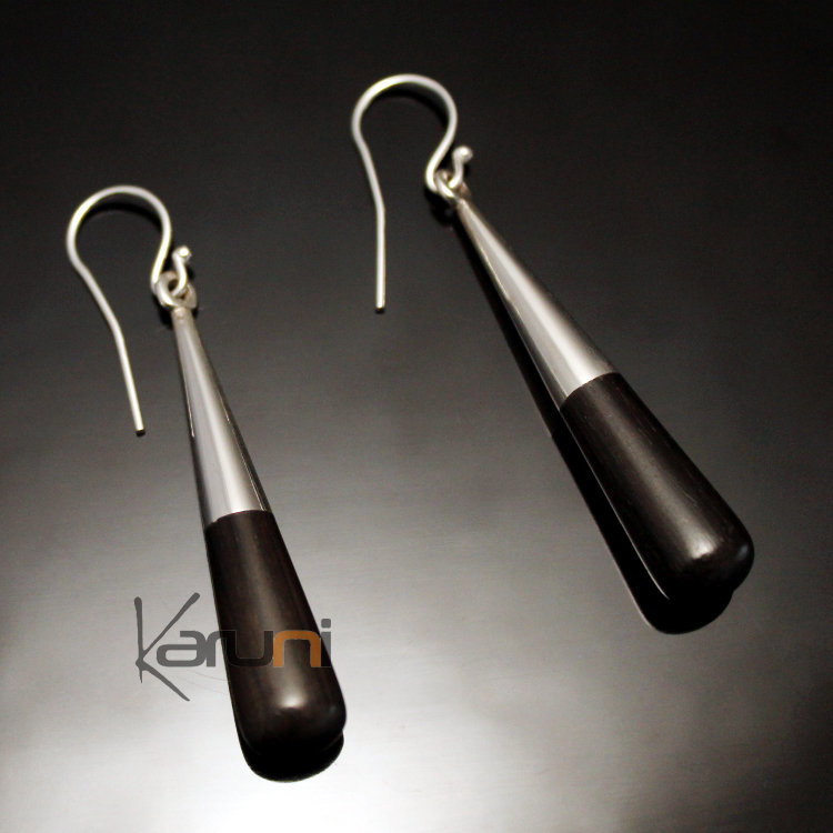 Ethnic African Jewelry Hoop Earrings Sterling Silver Long Smooth Raindrop Ebony Tuareg Tribe Design KARUNI