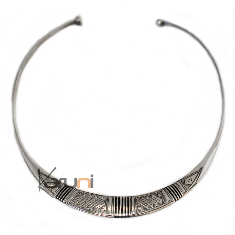 Ethnic Jewelry Choker Necklace Sterling Silver and Ebony Engraved Torque 8003