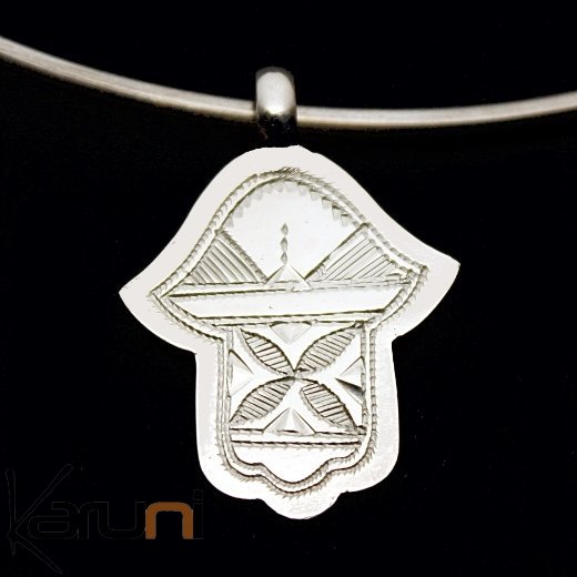 African Necklace Pendant Sterling Silver Ethnic Jewelry Small Fatma Hand Khamsa Tuareg Tribe Design 01