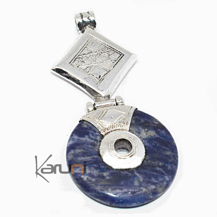 African Necklace Pendant Sterling Silver Ethnic Jewelry Goddess Head Blue Howlite Round Tuareg