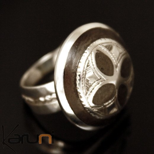 Ethnic Flower Ring Silver Ebony Dome Tuareg Tribe Design 017