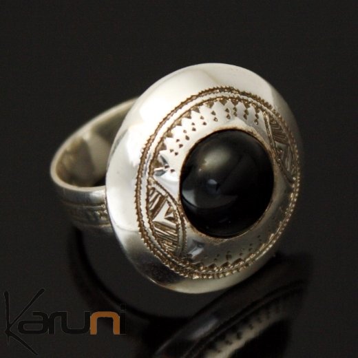 Round tuareg silver and onyx ring 3 (1084)