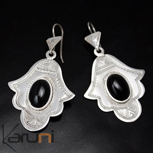 Earrings Sterling Silver  Fatma Hand Khamsa Black Onyx Tuareg Tribe Design 13