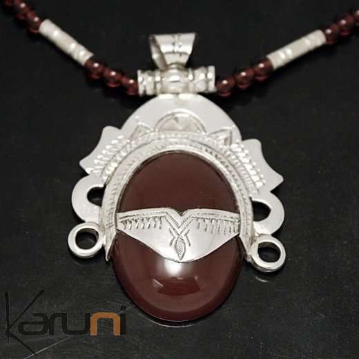 Ethnic Necklace Sterling Silver Jewelry Agate Goddess Brown Orange Oval Tuareg Tribe Design 3