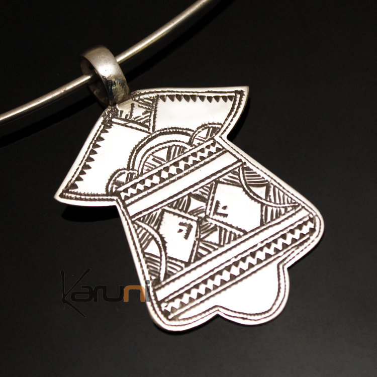 African Necklace Pendant Sterling Silver Ethnic Jewelry Fatma Hand Khamsa Tuareg Tribe Design 02