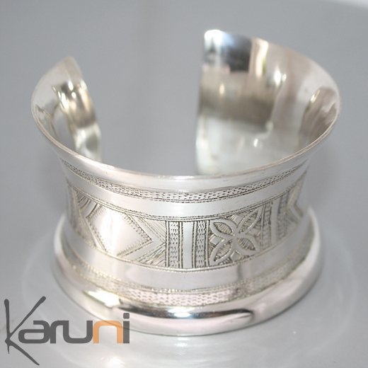 Ethnic Cuff Bracelet Sterling Silver Concave Jewelry Engraved Tuareg Tribe Design 06