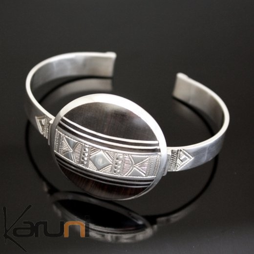 Ethnic African Jewelry Bracelet Sterling Silver Ebony Engraved Medallion Tuareg Tribe Design 02 KARUNI