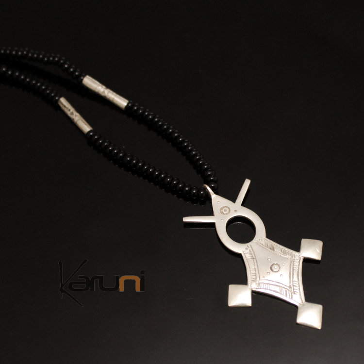 Ethnic Southern Cross Necklace Sterling Silver Jewelry Black Onyx Beads from Agadez Niger Tuareg Tribe Design 02