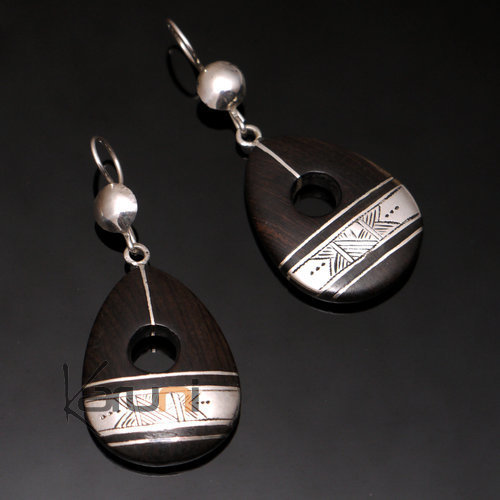 Ethnic Earrings Sterling Silver Jewelry Ebony Pebble Engraved Strip Tuareg Tribe Design 67