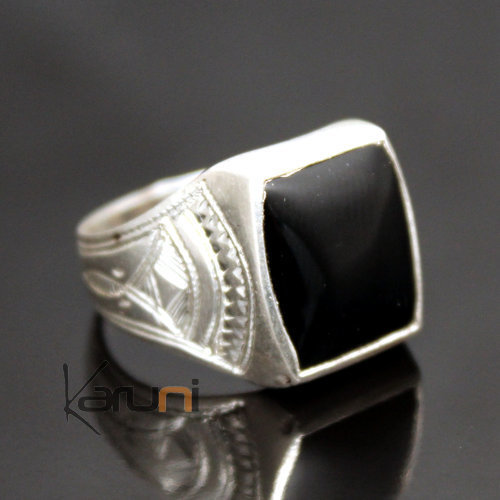 Ethnic Signet Ring Sterling Silver Jewelry Black Onyx Square Tuareg Tribe Design 20