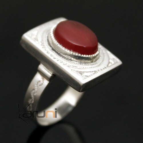 Ethnic Tuareg Tribe Design Ring Silver Hand-Engraved Rectangle With Red Agate Stone Unisex 23