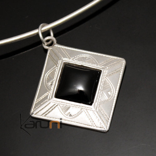 African Necklace Pendant Sterling Silver Ethnic Jewelry Black Onyx Small Engraved Diamond Tuareg Tribe Design 20