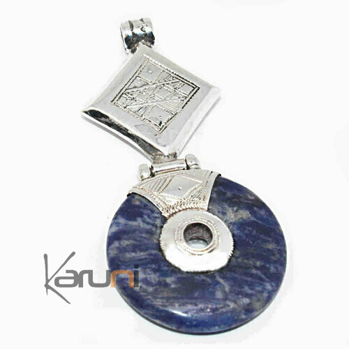 African Necklace Pendant Sterling Silver Ethnic Jewelry Goddess Head Blue Howlite Round Tuareg