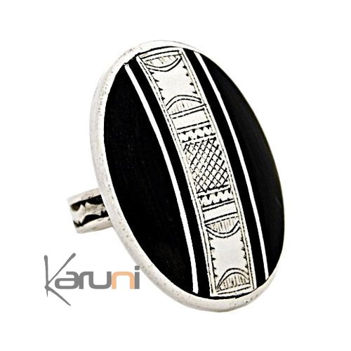 Ethnic Ring Sterling Silver Jewelry Engraved Ebony Oval Vertical Tuareg Tribe Design