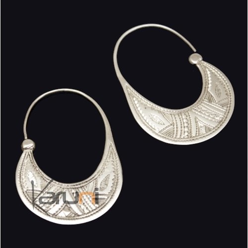 Ethnic Hoop Earrings Sterling Silver Jewelry Engraved Flat Tuareg Tribe Design 18 